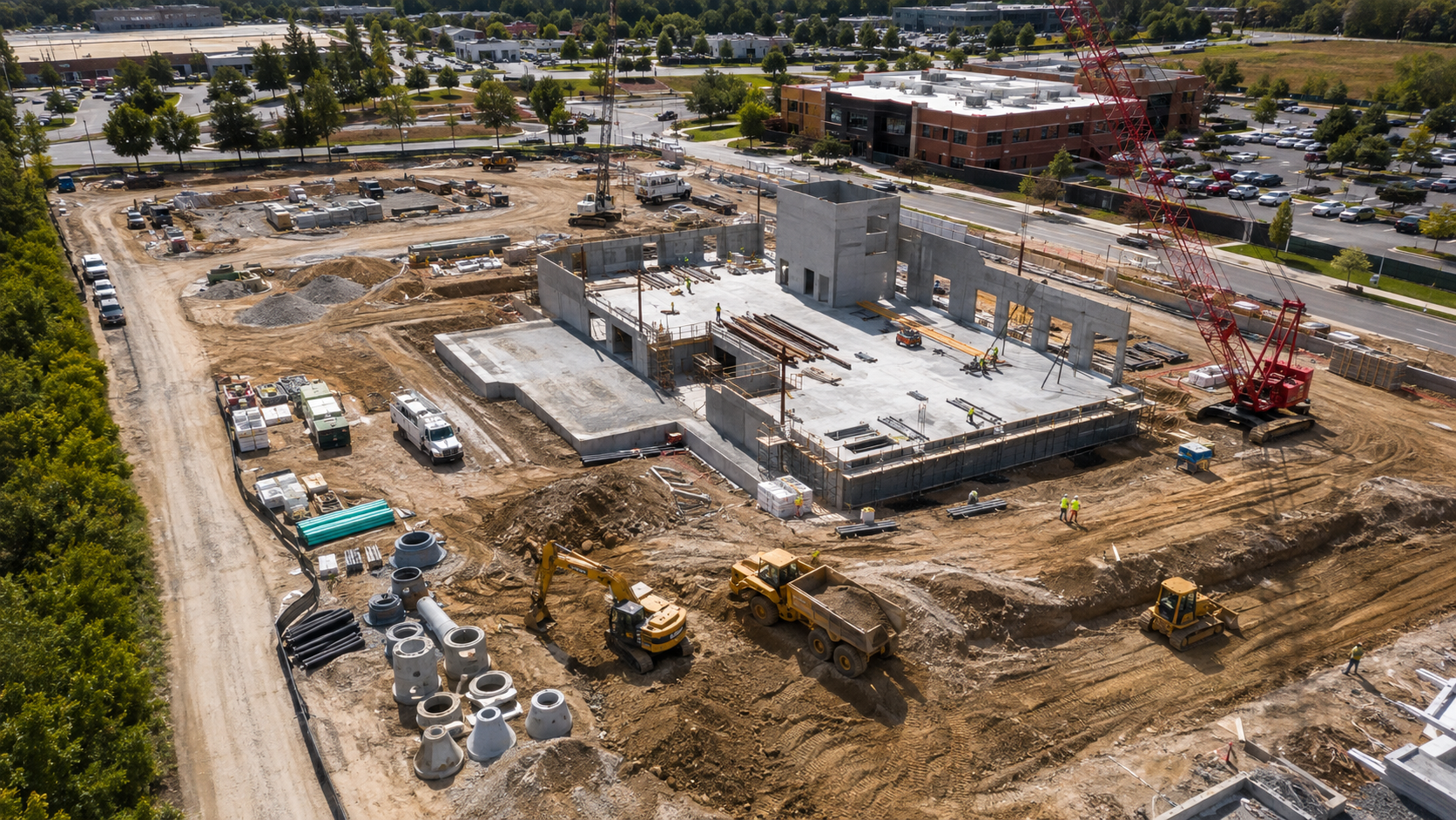 Aerial view of an active commercial construction site.