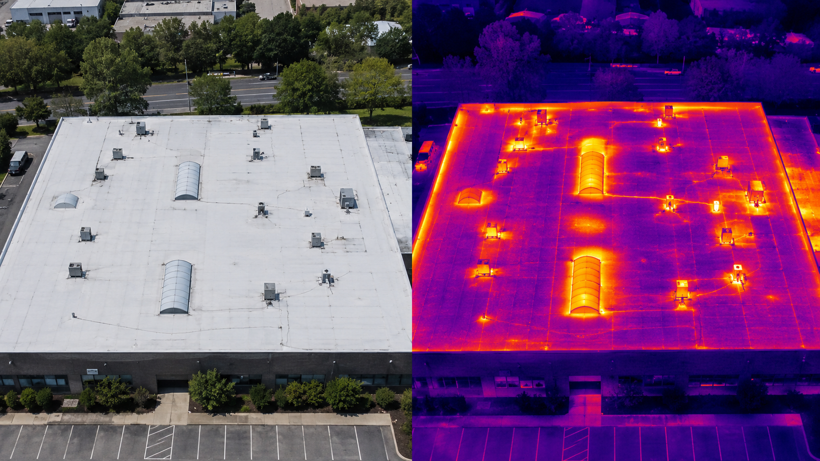 Side-by-side visible light and thermal image of a commercial rooftop.